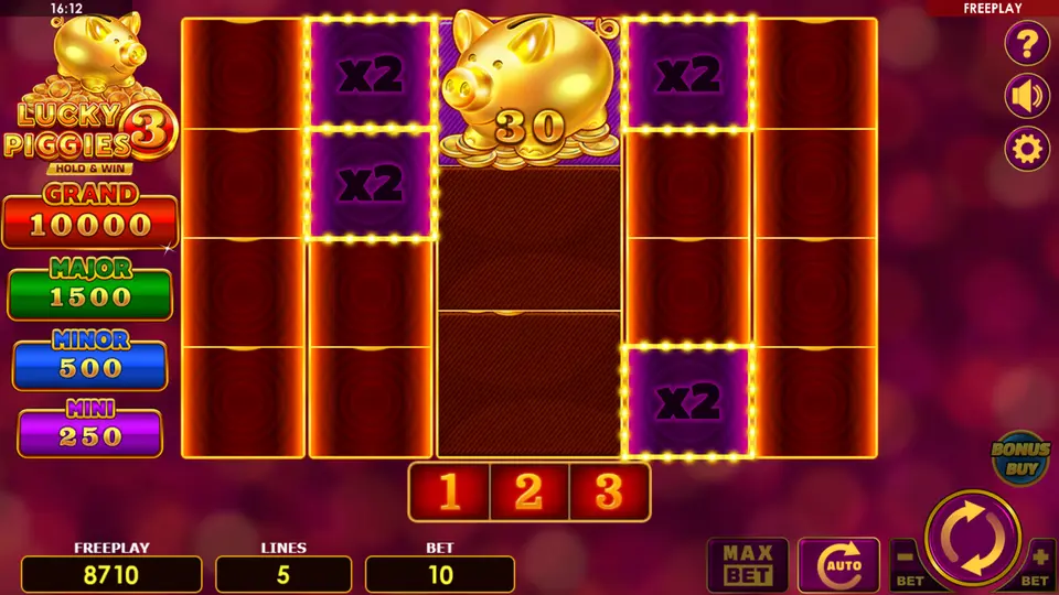 Lucky Piggies 3 BONUSSPIN – multiple sticky PIGGY symbols and jackpot COIN symbols on the reels