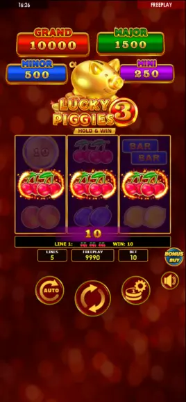 Lucky Piggies 3 base game – COIN on reel 1 being collected by PIGGY on reel 2