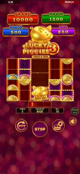 Lucky Piggies 3 BONUSSPIN mid-round – multiple sticky PIGGYs, x4 and x2 reel multipliers active, MAJOR jackpot COIN visible