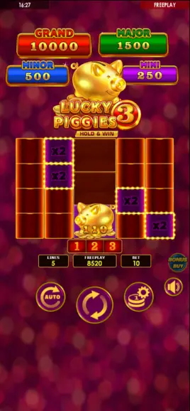 Lucky Piggies 3 BONUSSPIN opening – 3 spins remaining, sticky PIGGY visible, MINI and MINOR jackpot COINs on screen